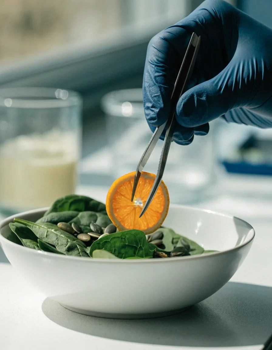 A white ceramic dish of leafy greens, orange wedges and seeds lit by flat window light
