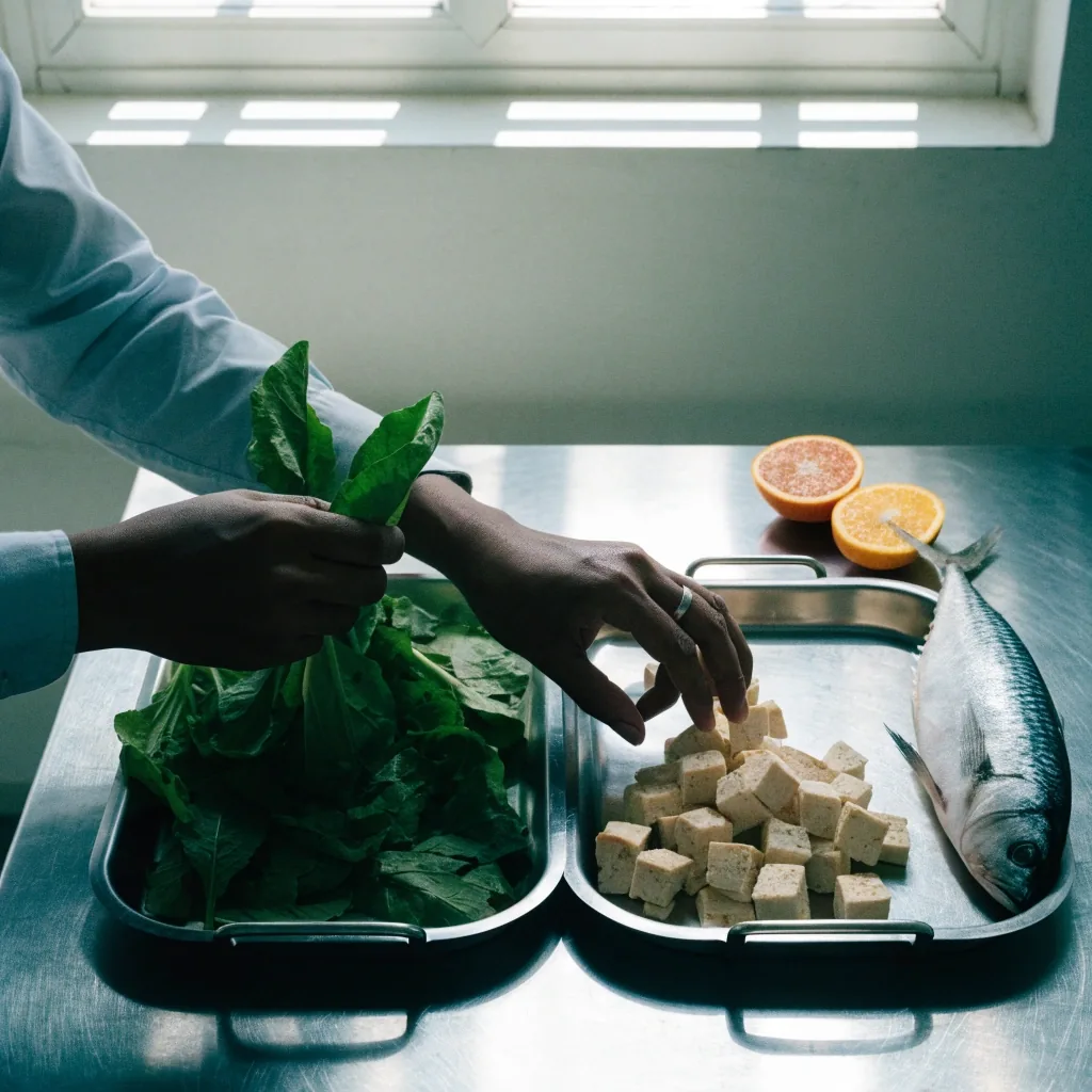 Hands arranging fresh greens, tempeh, fish and citrus across two shallow trays on a counter