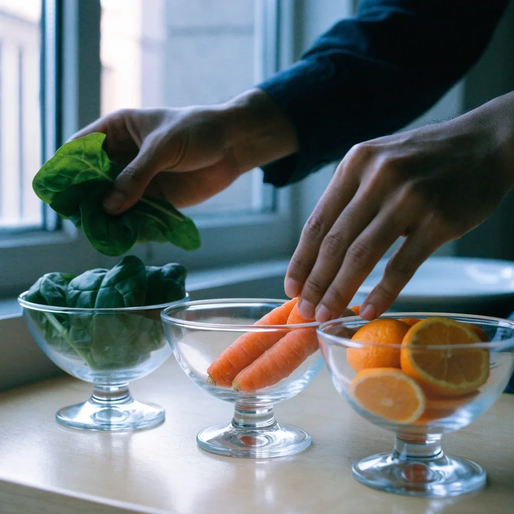 Hands lifting a fresh leafy green toward window light in a bright Jakarta kitchen
