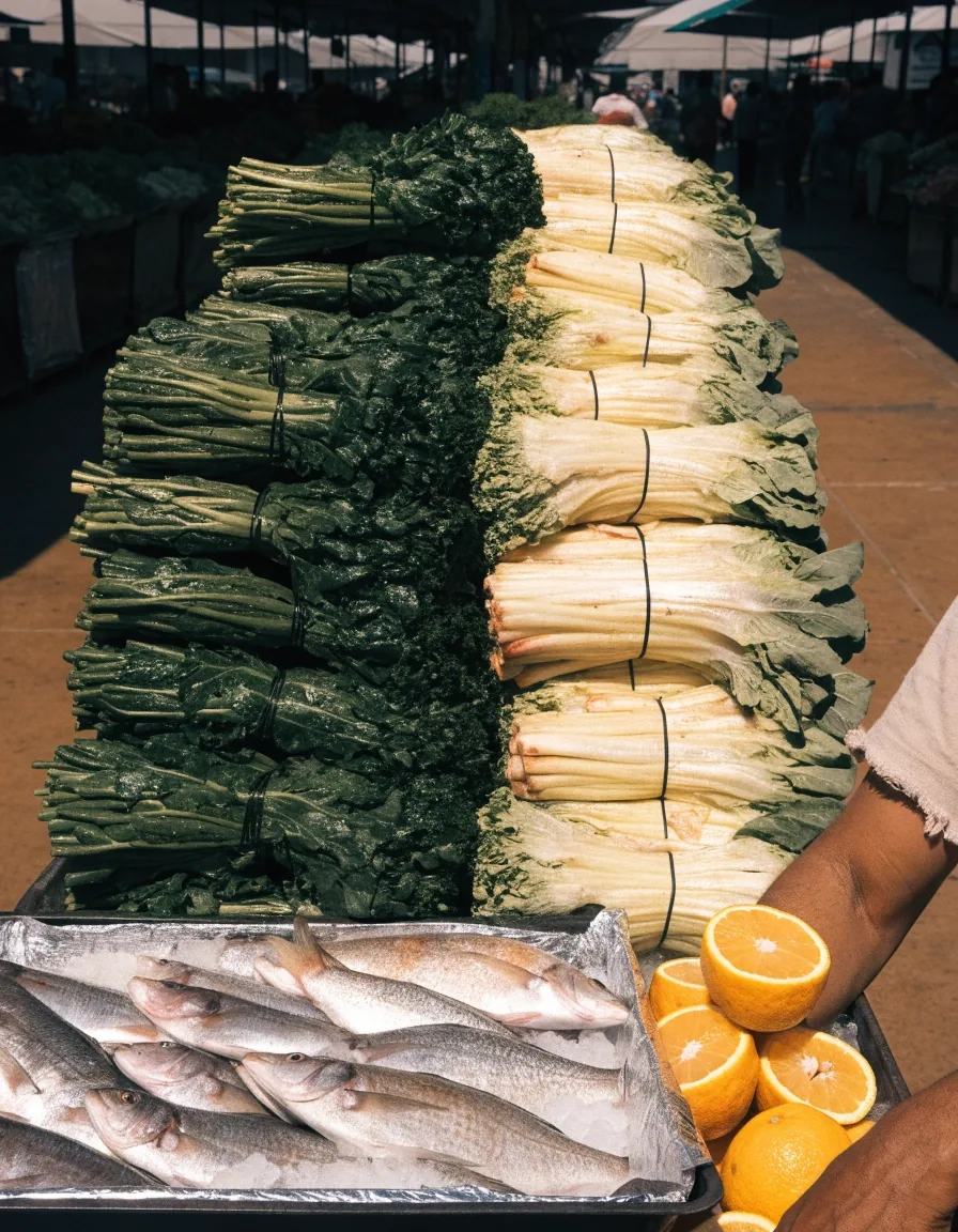 Jakarta wet-market aisle with kangkung and sawi bundles, fresh fish on ice and citrus at midday