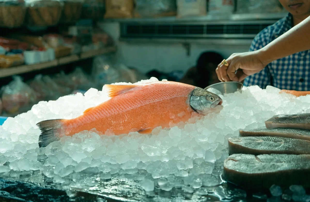 A whole salmon fillet on crushed ice at a bright fish counter with halibut steaks beside it