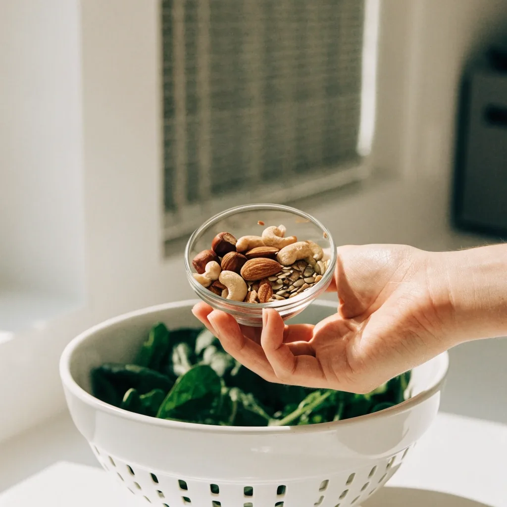 A hand holding a small bowl of nuts and seeds next to a colander of dark leafy greens on a bright kitchen counter