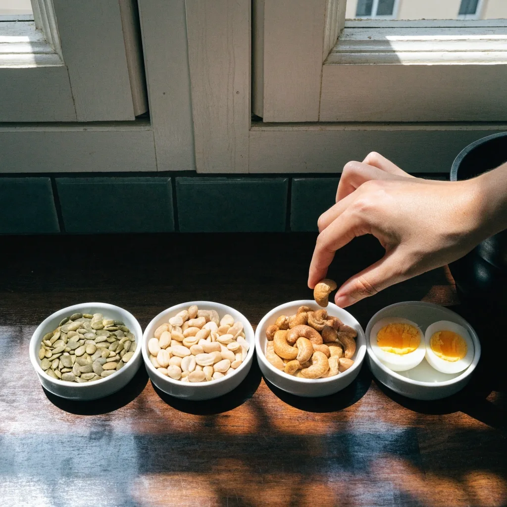 Small dishes of pumpkin seeds, peanuts, cashews and boiled eggs on a bright kitchen table