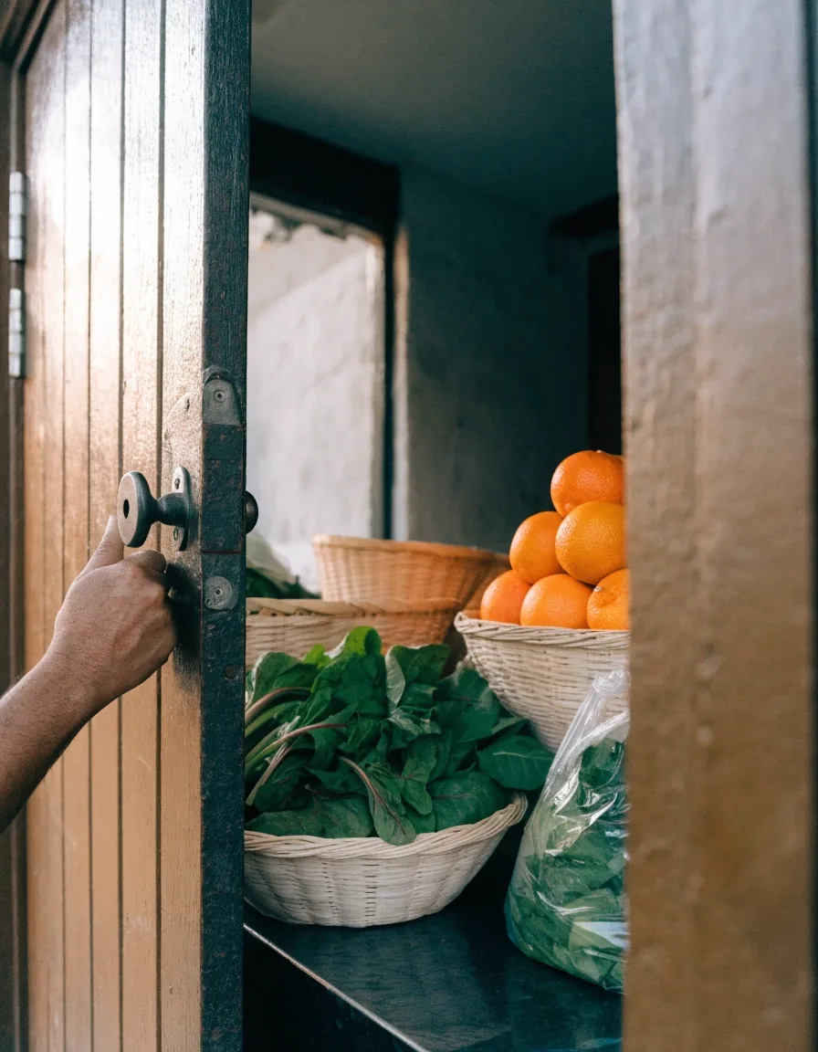 Open doorway into a bright produce shop with crates of leafy greens and citrus just inside