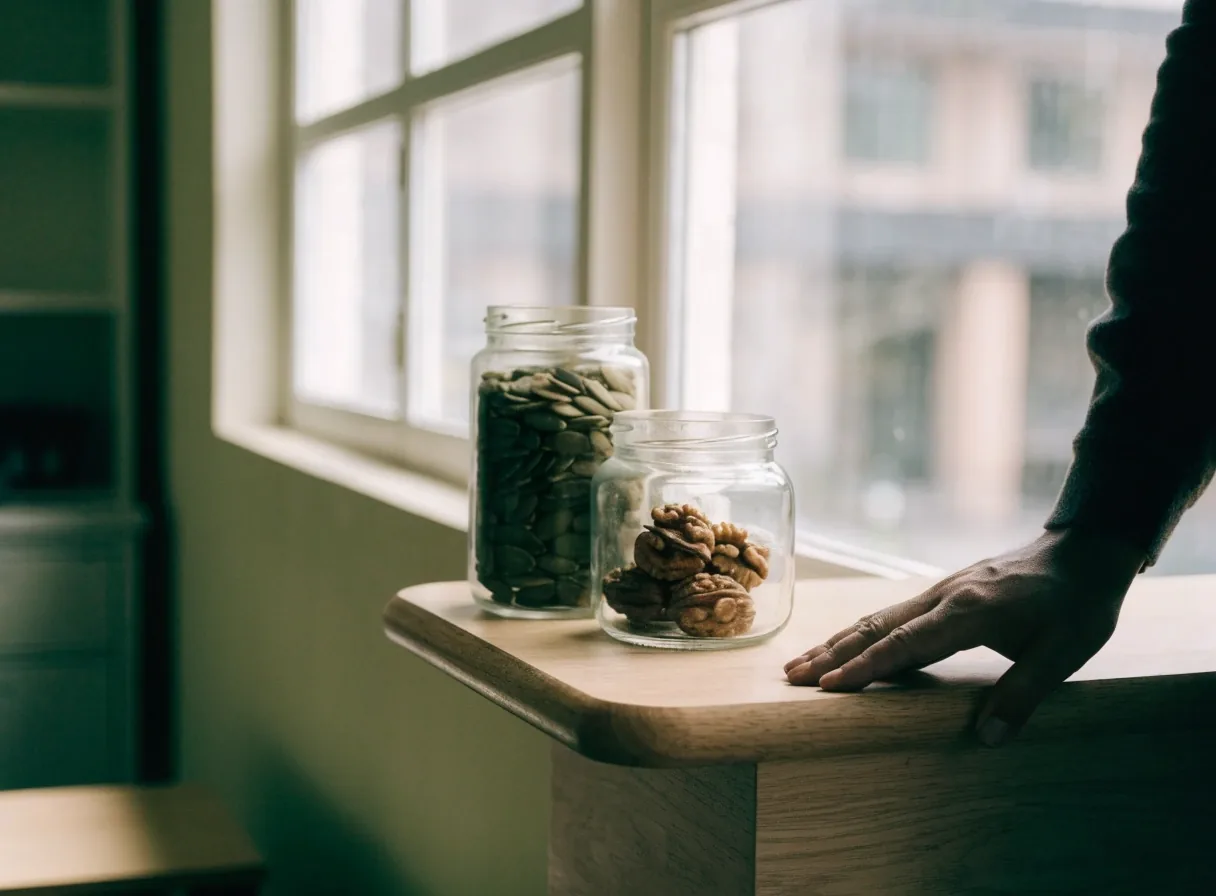 Two glass jars of seeds and nuts on a plain counter beside a bright window