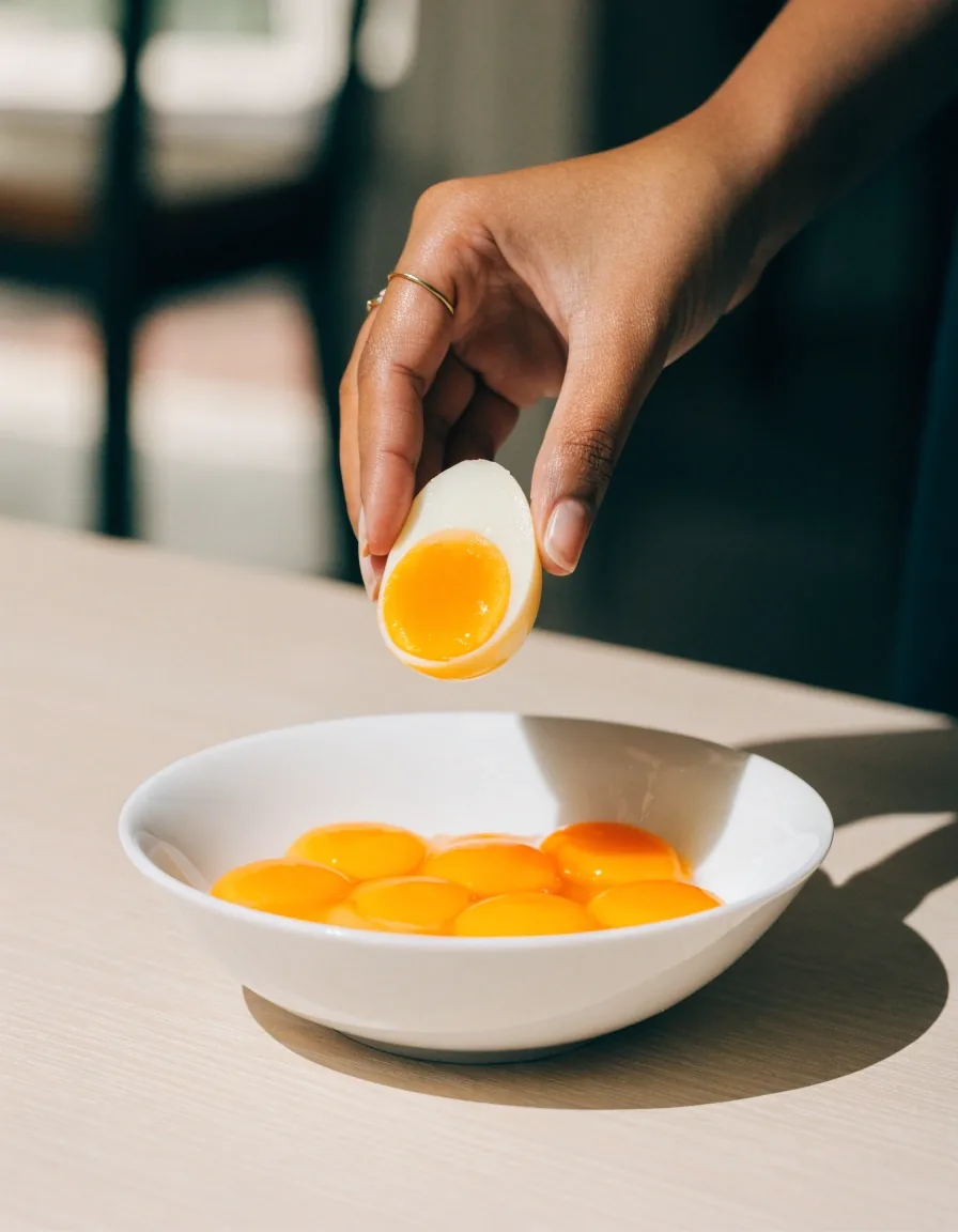 A single broken egg yolk in a plain white bowl photographed in bright flat light