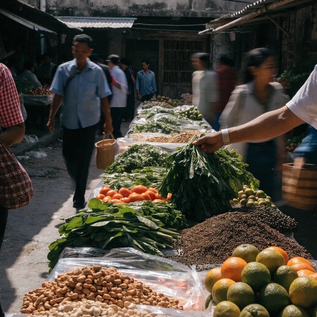 A bright Indonesian wet market produce aisle with tables of greens, tomatoes and citrus