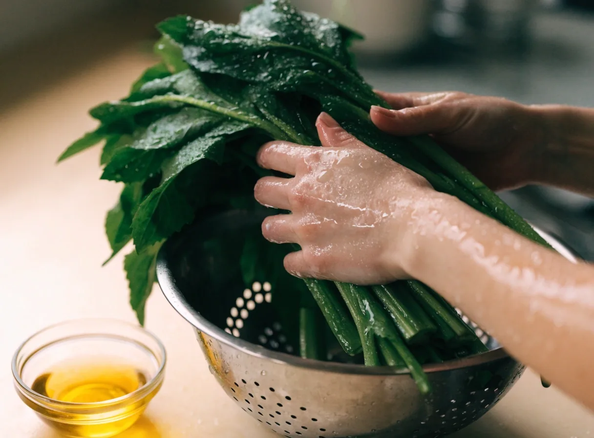 Dark leafy greens in a colander beside a bowl of cooking oil on a bright kitchen counter