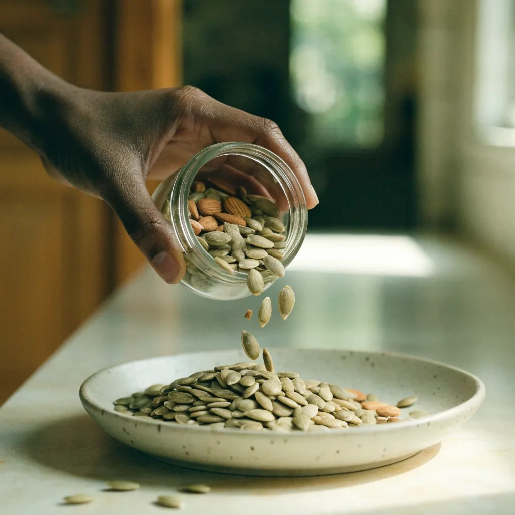 Raw pumpkin seeds and shelled almonds spilling from a wooden scoop on a plain white ground