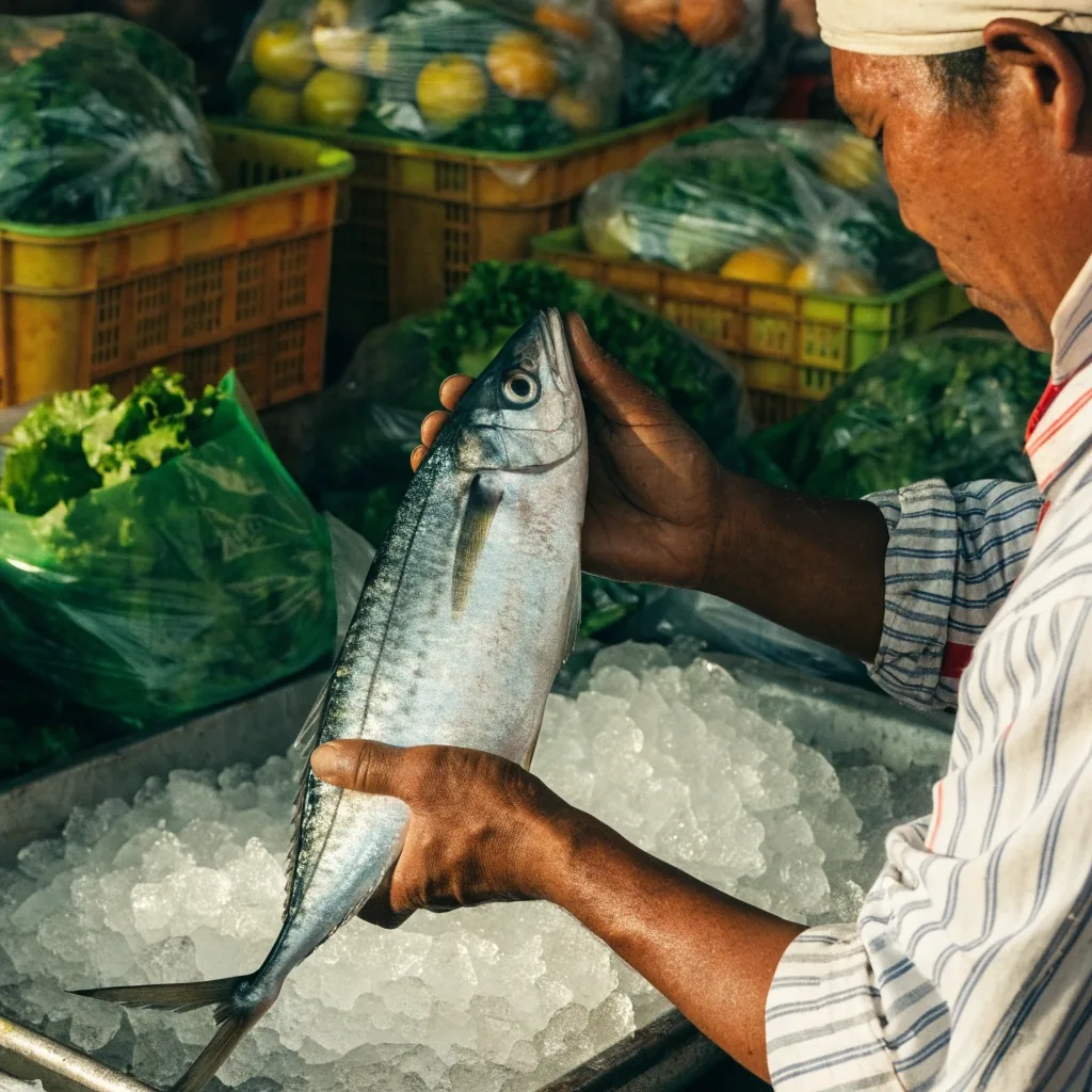 A bright Indonesian wet-market produce aisle lined with leafy greens and citrus