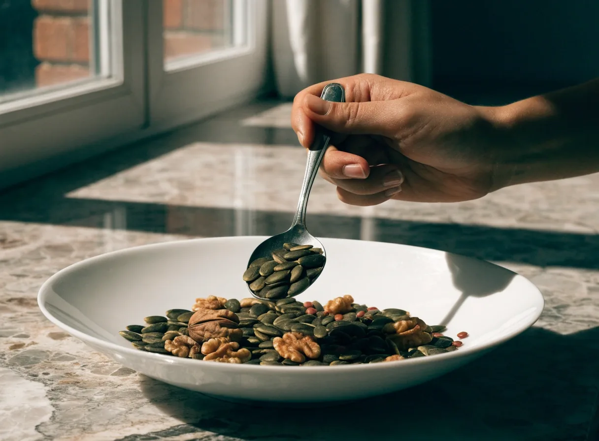 A small white dish of pumpkin seeds, walnuts and lentils