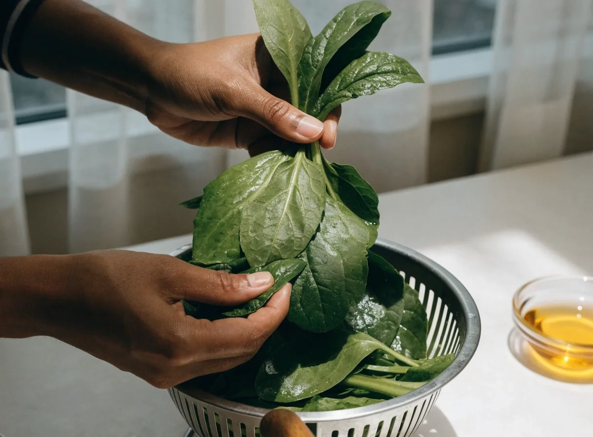 Dark leafy greens in a metal colander on a white counter