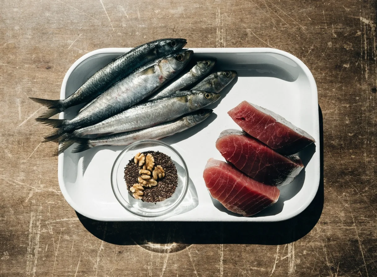 Sardines and tuna on an enamel tray beside flaxseed and walnuts
