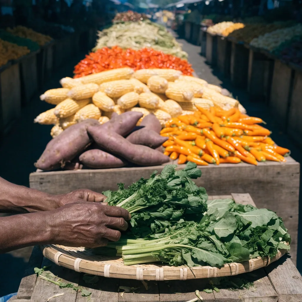 Bright Indonesian market stall piled with spinach, kale, corn, orange peppers and sweet potato