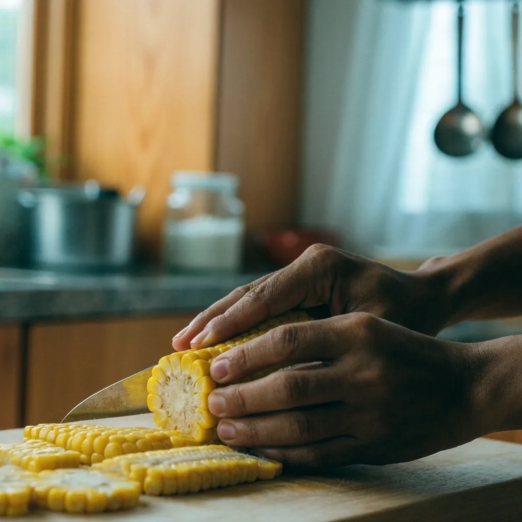Cut corn cob showing yellow kernels in rows on a bright white surface