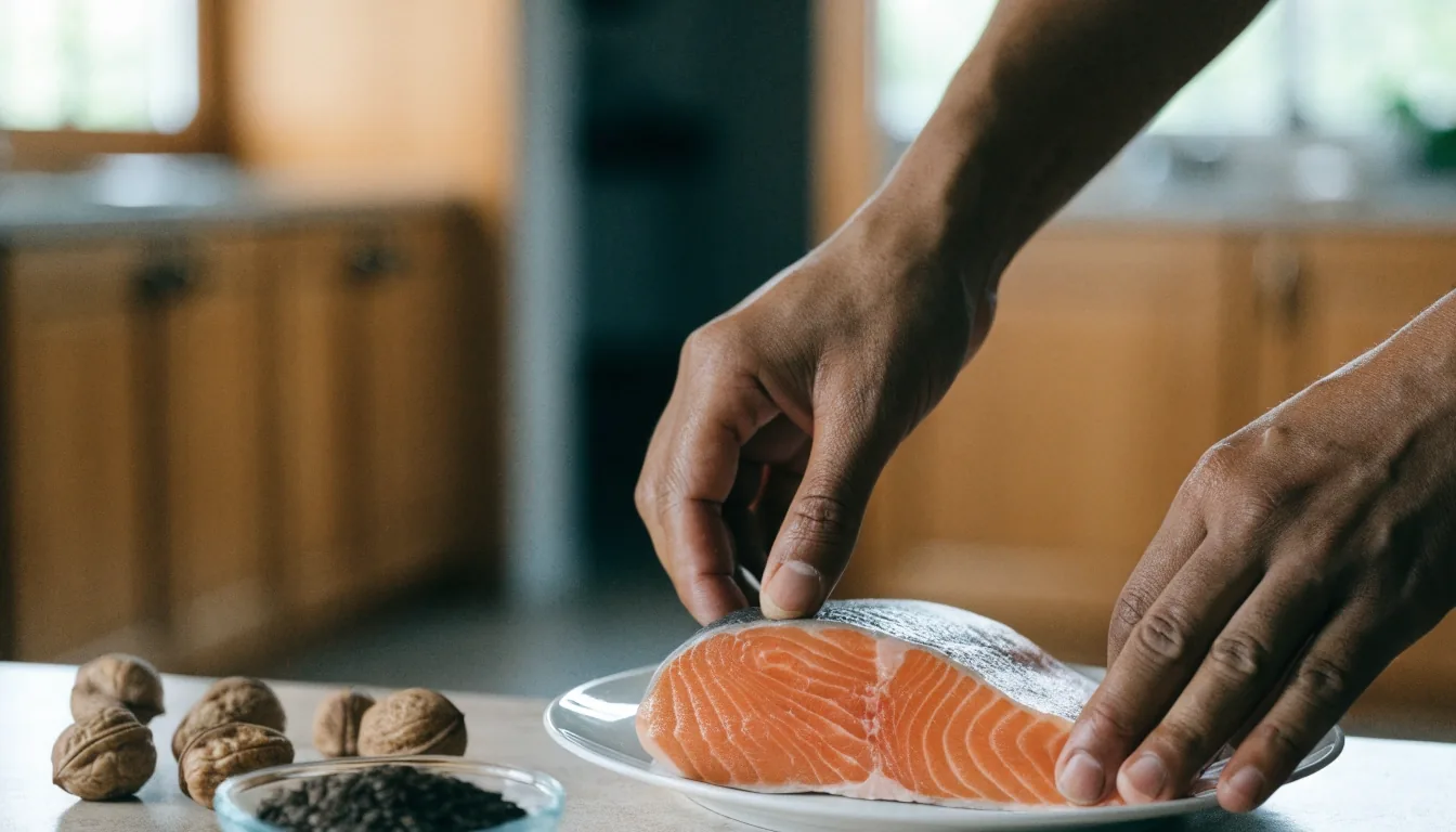 Fresh salmon fillet on ice with flaxseed and walnuts on a bright counter