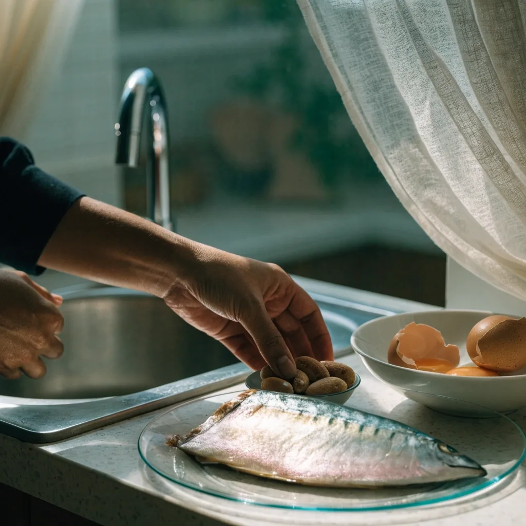 Fresh mackerel on crushed ice with two brown eggs on a bright white surface