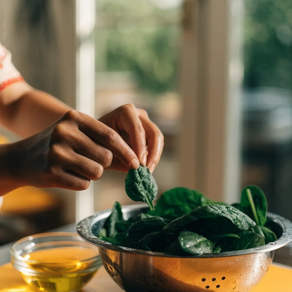 Hands lifting a wet spinach leaf from a colander of dark leafy greens beside a bowl of cooking oil