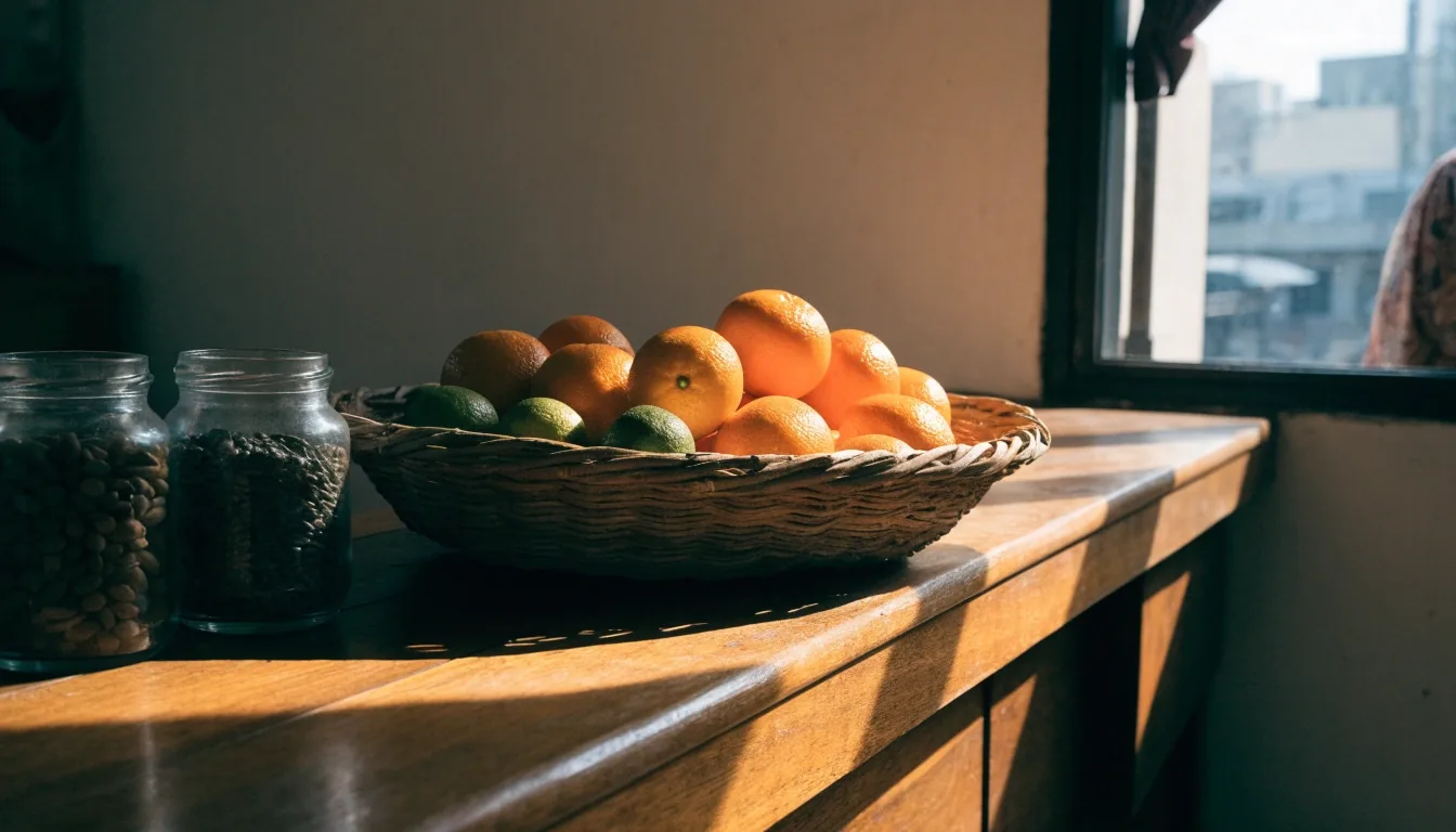 Two glass jars and a tray of citrus halves on a bright produce shop counter in daylight