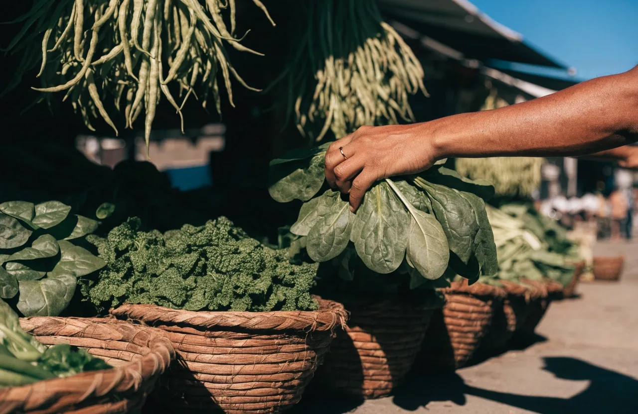 A bright midday produce stall with stacked bunches of spinach, mustard greens and long beans, a hand lifting one bunch into the light