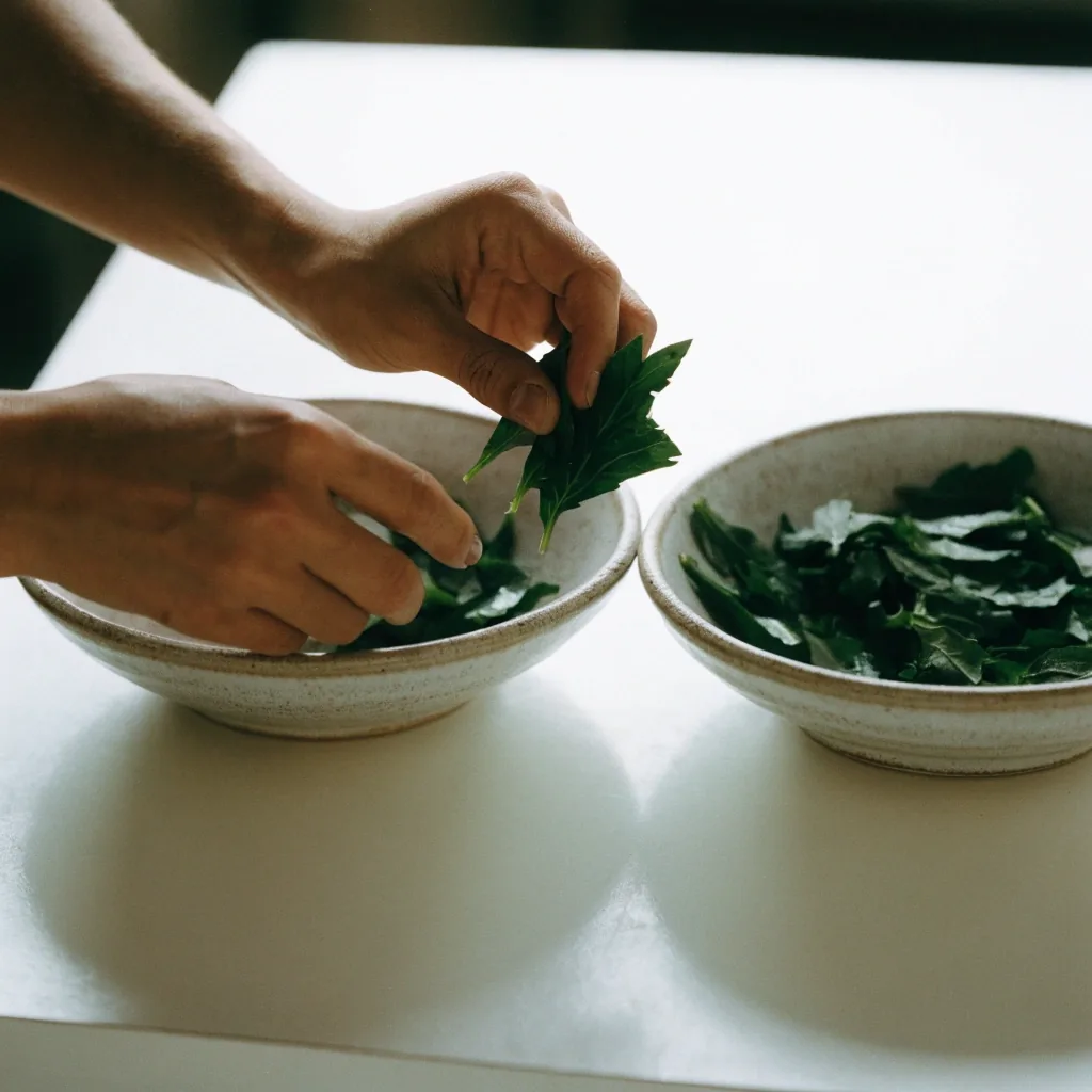 Two hands sorting cut dark leafy greens into two low unmarked ceramic trays on a plain bench in flat bright light