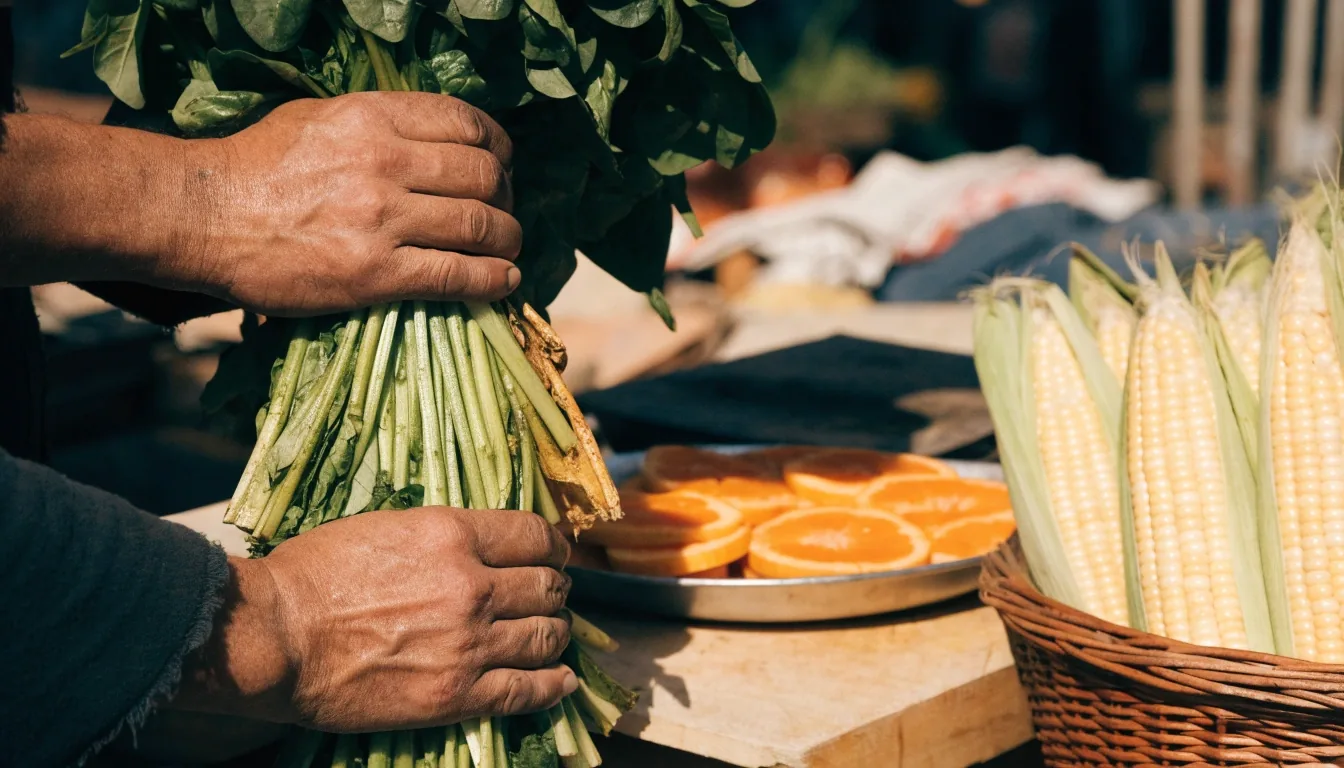 A bright wet-market produce aisle with baskets of dark leafy greens, oranges and corn, a vendor's hands sorting vegetables in the middle distance