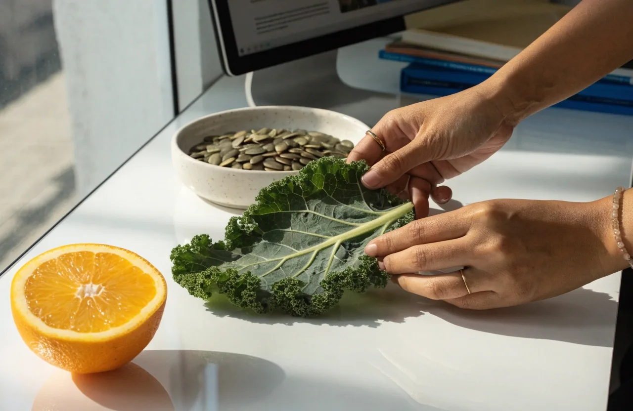 Hands arranging a kale leaf, a sliced orange half and a dish of pumpkin seeds on a bright white work surface